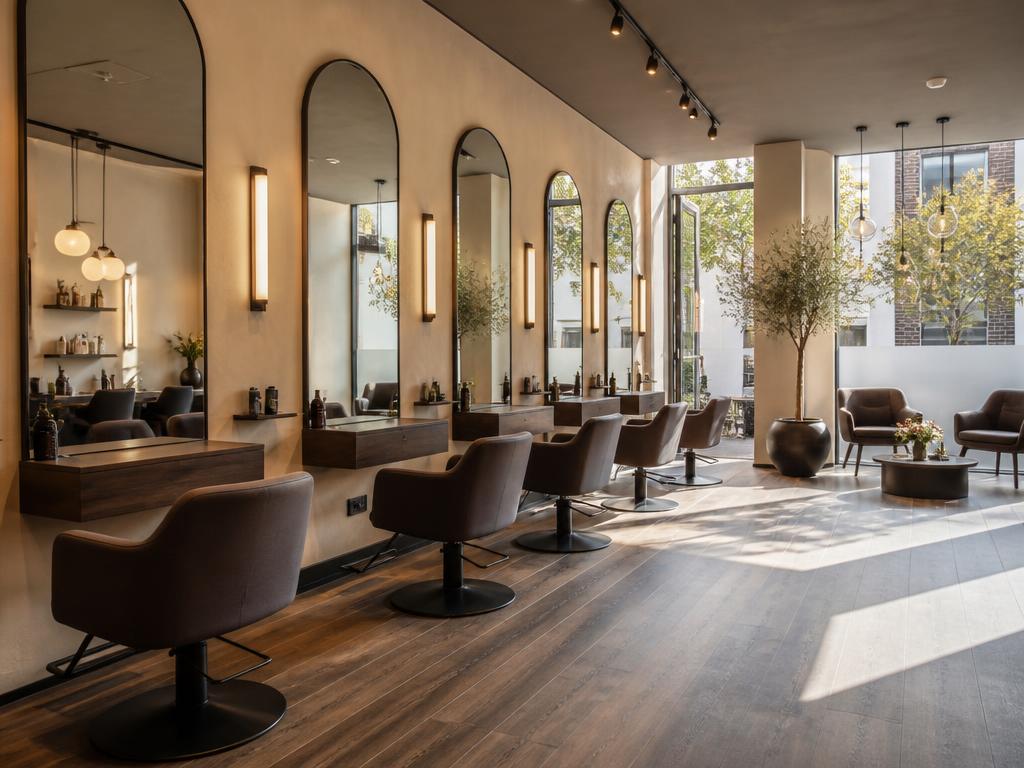 A premium contemporary hair salon interior.