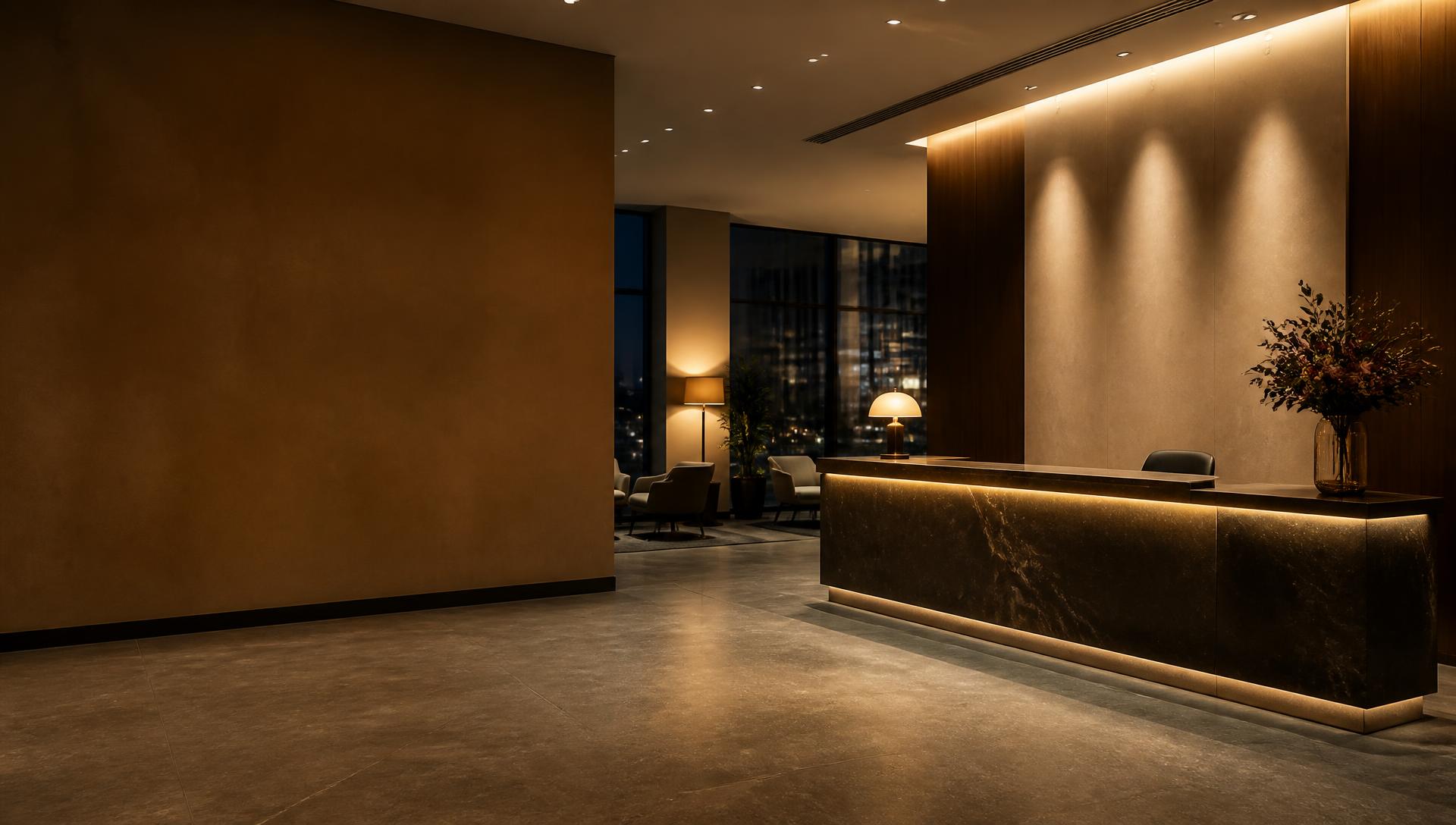 A modern business reception after closing hours, lit warmly, empty and quiet.